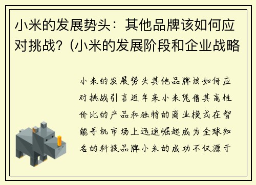 小米的发展势头：其他品牌该如何应对挑战？(小米的发展阶段和企业战略发生了什么变化)