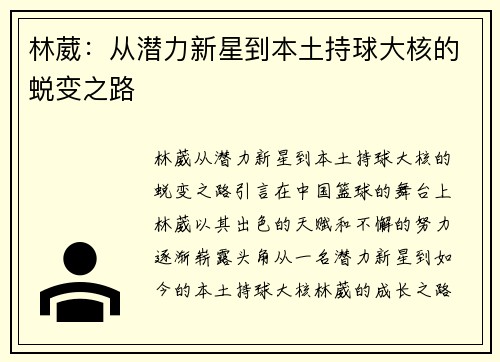 林葳：从潜力新星到本土持球大核的蜕变之路