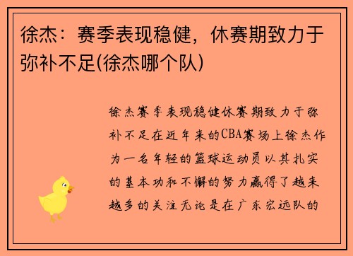 徐杰：赛季表现稳健，休赛期致力于弥补不足(徐杰哪个队)