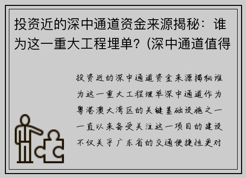 投资近的深中通道资金来源揭秘：谁为这一重大工程埋单？(深中通道值得投资吗)