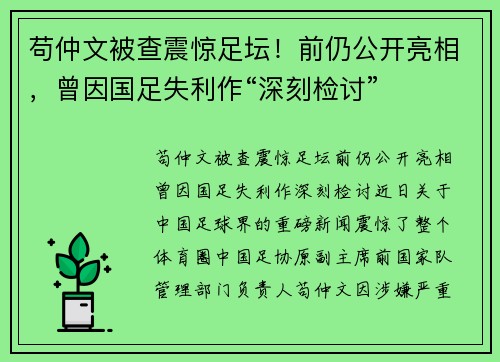 苟仲文被查震惊足坛！前仍公开亮相，曾因国足失利作“深刻检讨”