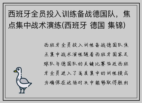 西班牙全员投入训练备战德国队，焦点集中战术演练(西班牙 德国 集锦)