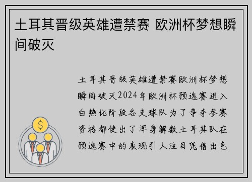 土耳其晋级英雄遭禁赛 欧洲杯梦想瞬间破灭