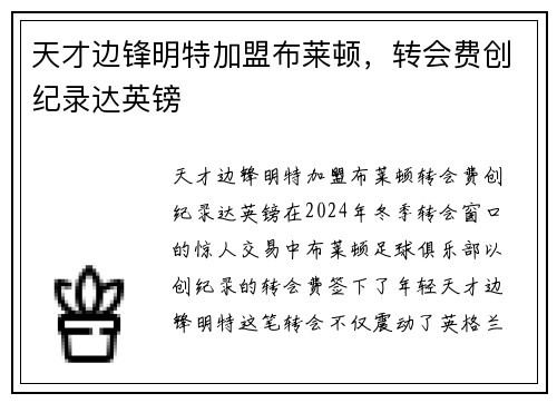天才边锋明特加盟布莱顿，转会费创纪录达英镑