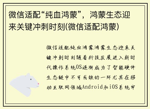 微信适配“纯血鸿蒙”，鸿蒙生态迎来关键冲刺时刻(微信适配鸿蒙)